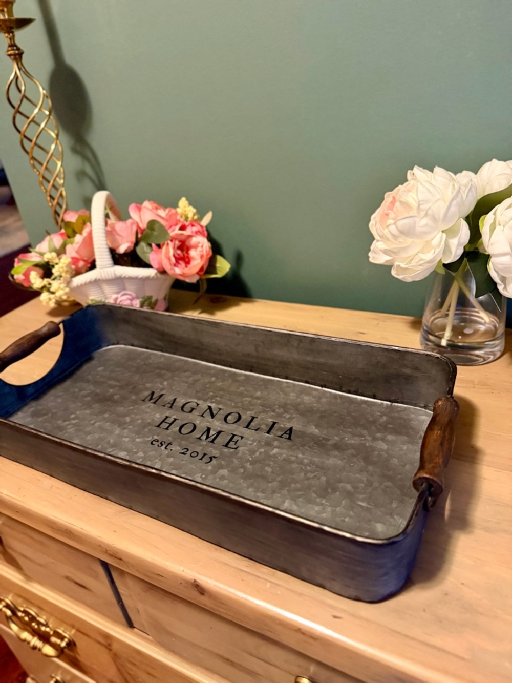 Magnolia Home Galvanized Metal Tray Wood Handles Farmhouse Decor